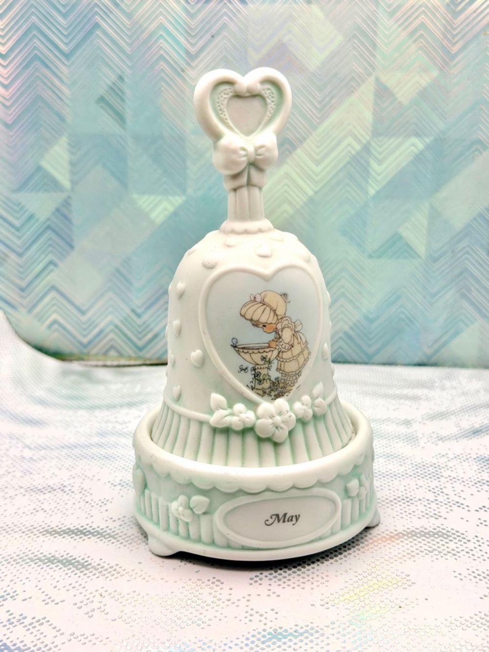 Emerald White Porcelain Heart-Handle Bell Cake Topper